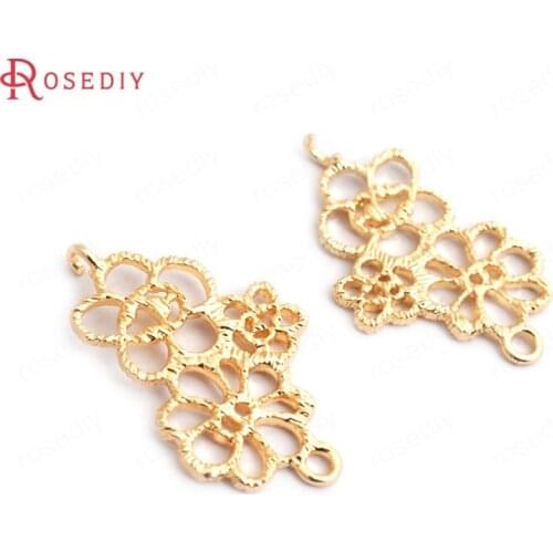 35194)6PCS 28x17MM 24K Gold Color Brass 2 Holes 3 Flowers Connect Charms Pendants High Quality Diy Jewelry Findings Accessories