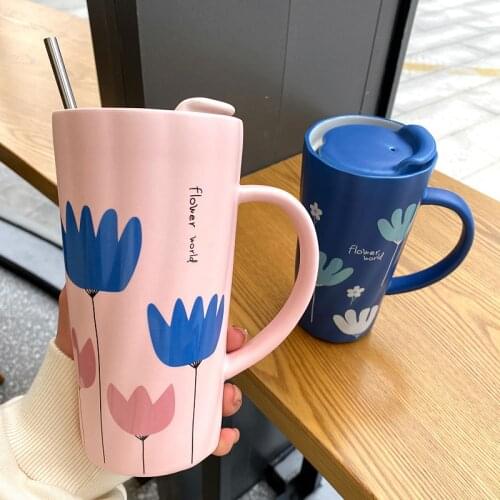 Korean cute ceramic mug small fresh mug Office large-capacity straw mug boys and girls couple cups