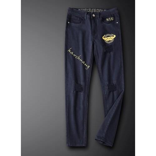 2021 Autumn New Mens Business Straight-leg Corduroy Gold Embroidery Casual Pants Trend Brand Fashion Printed Hole Mens Trousers