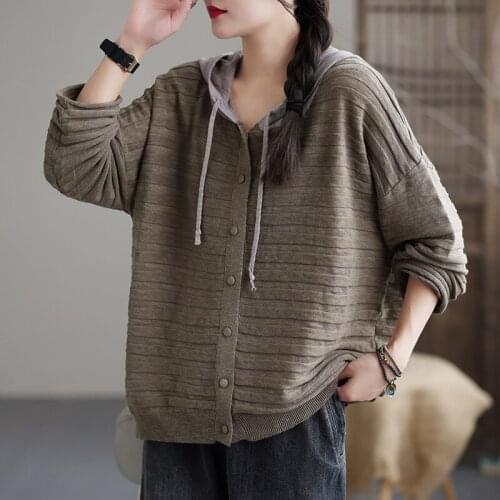 2021 New Knitting jackets Women Autumn Retro Casual Loose Tops Ladies Coat Hooded Drawstring Button Striped All-match Tops