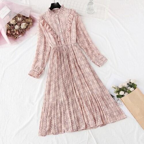 2021 spring autumn new women dress French chiffon long-sleeved mid-length dress small retro floral chiffon lady dress