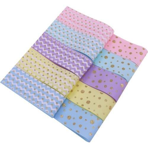 New arrival 38mm gold glitter and white ink stripe/chevron/polk dots printing grosgrain ribbon,50 yards per lot