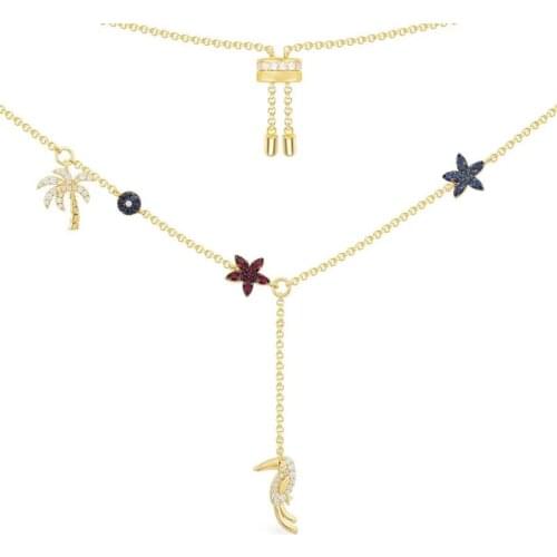 Fashion Real 925 Sterling Silver Yellow Gold Color Tropical Jungle Charm Floral Palm Toucan Adjustable Necklace for Women