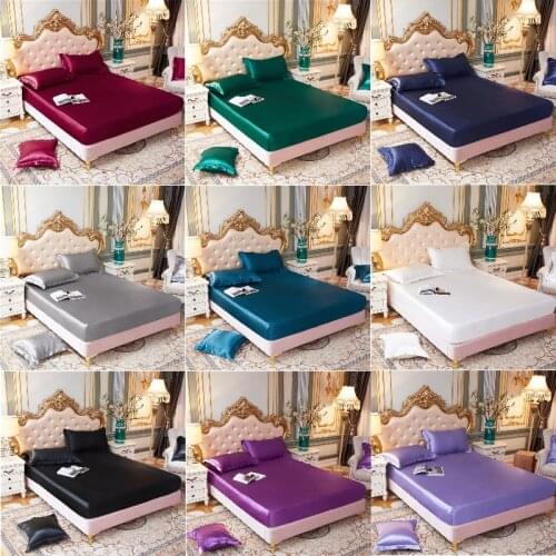 Solid Color Smooth Silk Mattress Cover Twin Queen Size All-inclusive Bed Cover Soft Fitted Sheet Including Pillowcase