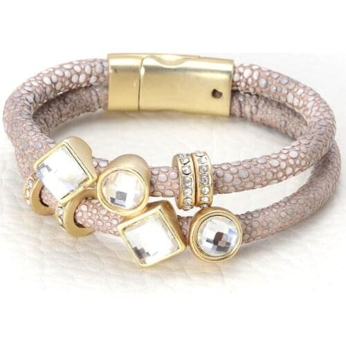 Miasol Golden Color Plating Double Rows Leather Wrap Crystal Charm Magnetic Bangle & Bracelets For Women Party Jewelry Gift