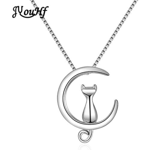 JYouHF Lovely Moon Cat Pendant Necklace for Women Girls White Gold Color Pet Lucky Jewelry Animal Link Chain Necklaces&Pendants