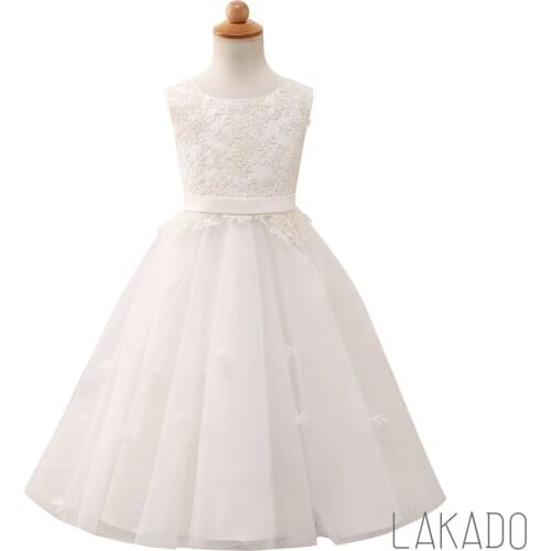 Simple Long Lace Ivory Flower Girl Dress First Communion Dresses 2-10 Years