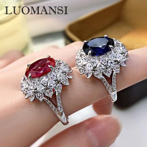 Luomansi 100%-S925 Sterling Silver Luxury 5 Carat Egg-shaped Ruby Sapphire Female Ring Anniversary Cocktail Party Jewelry