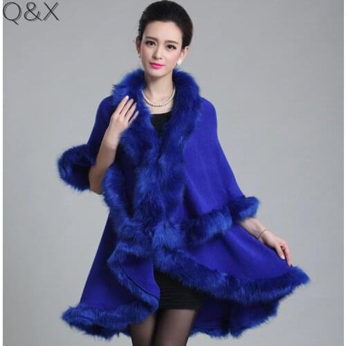 SC97 2018 Winter Warm Long Knitted 2 Layers Poncho Cape Blue Cashmere Loose Sweater Women Imitation Fur European Cardigan Coat