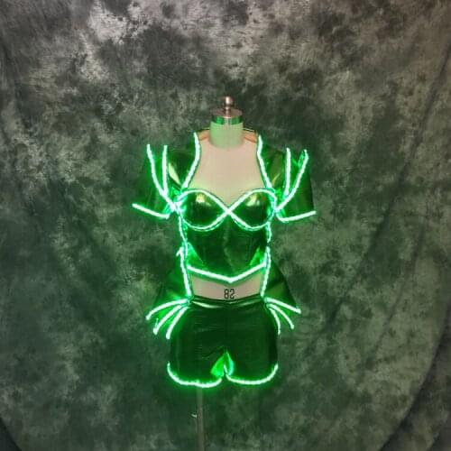 Sexy bar nightclub custom beer festival clothing Women concert Green LED luminous costume DS dance set white rgb color