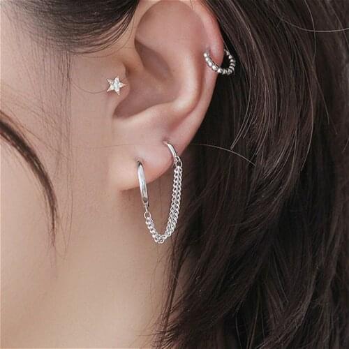 1PC Double Pierced Conjoined Chain Earrings for Female European and American Simple Punk Street Girls Boy Single Earrings