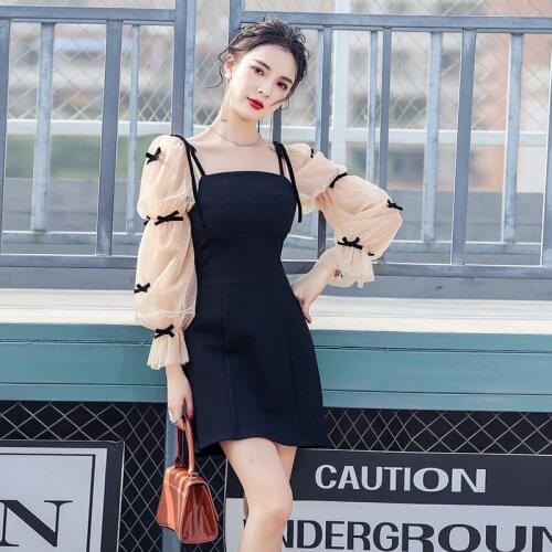Spring Summer French Women stereoscopic bow-knot Dress Net yarn patchwork Suspender skirt Evening Dresses Long sleeve Vestidos