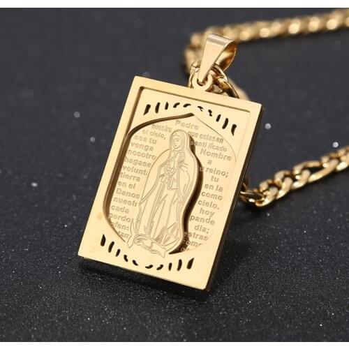 Top quality Gold tone Stainless Steel Virgen de Guadalupe Pendant & 24" square figaro Chain Necklace