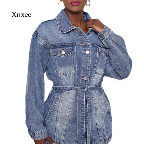 2021 Fall Long Denim Jacket Womens Slim Jeans Windbreaker with Belt Single-Breasted Retro Washed Jacket
