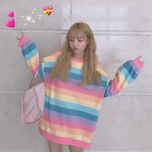 Women Hoodies 2021 New Spring Rainbow Sweet Loose Full Striped O-Neck Women Tops Sweet For Teenage Girls All-match