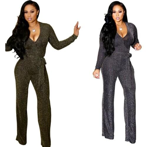 Woman Elegant Gold Wire Rib Jumpsuit for Women Sexy Plus Size Long Sleeve Casual Rompers Dressy Pants Clubwear