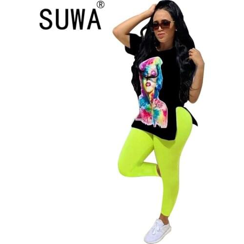 Womens Set Monroe Character Slit Side Tee Tops Leggings Pants Suit Active Wear Tracksuit Two Piece Set Fitness Outfit