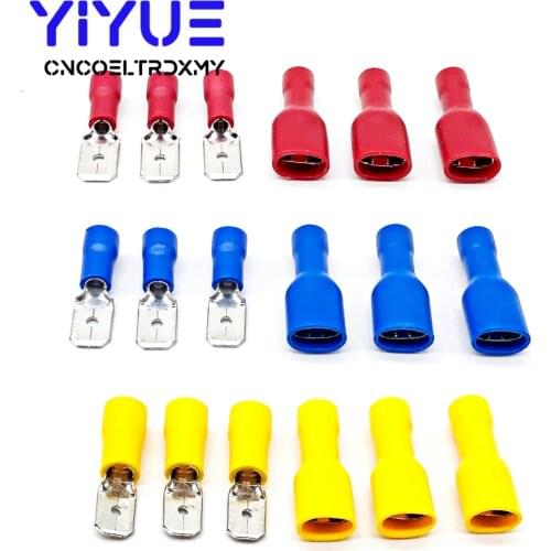 100Pcs Red Blue Yellow 6.3mm Female Male Insulated Spade Crimp Terminal Wire Connector For 22-12AWG 0.5-2.5mm