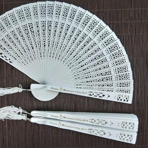 150Pcs Custom Wood Folding Hand Fan For Wedding Engagement White Wooden Ladies Fold Fans Wedding Gift With Tassel Organza Bag