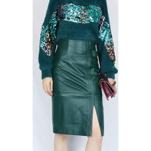 2021 New Style Women Simple Real Genuine Leather Skirt High- Waisted