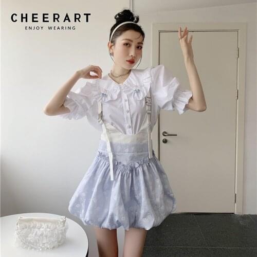 CHEERART Peter Pan Collar Blouse Summer White Korean Kawaii Shirt Women Puff Sleeve Button Up Short Sleeve Cute Womens Tops