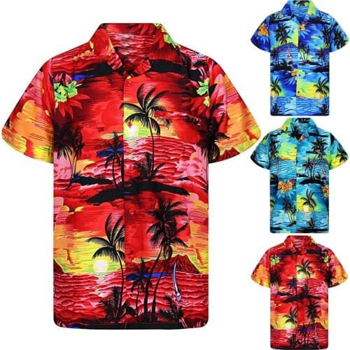 Mens Palm Tree Print Beach Hawaiian Shirt Men Button Hawaii Print Beach Short Sleeve Quick Dry Top Blouse camisa masculina