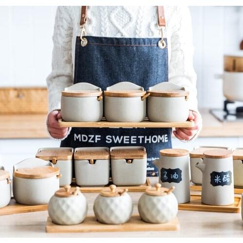 Japan Zakka Style Mark Ceramic Storage Bottle Spice Seal Pot Bamboo Cover White Many Sets Choices Dried Fruit Jar Blackboard