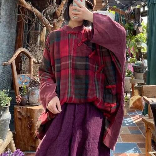 Johnature Women Bat Sleeve Shirts And Tops Red Plaid Spring Cotton Linen Blouses 2021 Chinese Style Shirts Female Vintage Tops