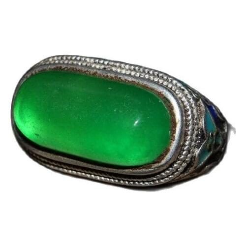 Chinese Old Craft Made Old Tibetan Silver Inlaid Green Jade Silver Ring