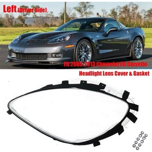 Left Headlight Lens Covers for Chevrolet C6 Corvette 2005-2013 with Black Trim Gaskets Seal Kit & 10Pcs Fix Nut Snaps