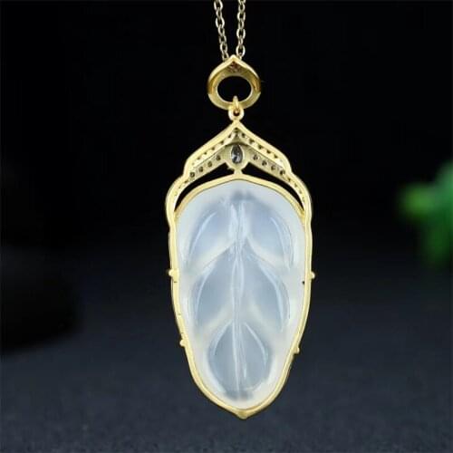 Hot selling natural hand-carved jade copper plated24k Gao Bing Jin Zhi Yu Ye Necklace pendant fashion Jewelry MenWomen LuckGifts