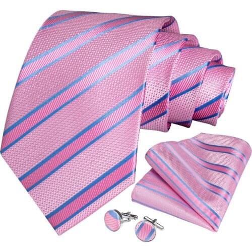 New Designer Mens Necktie Pink Blue Striped Wedding Tie For Men Hanky Cufflinks Silk Tie Set DiBanGu Fashion Business SJT-433