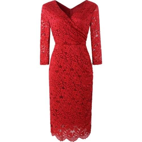 Autumn and Winter Ladies Cross V-neck Hand-cut LaceSeven-quarter Sleeve Dress Pencil Dress