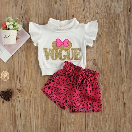 1-6Y Toddler Kids Baby Girl Fly Sleeve Letter Print T-shirt Tops Leopard Shorts Bottom 2PCS Outfits Summer Clothes Set