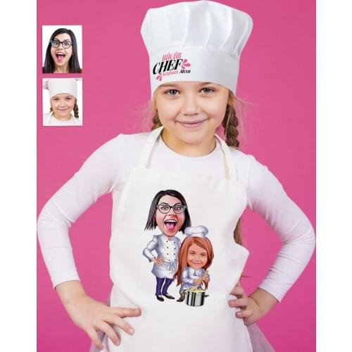 Personalized Mother Girl Caricature Of Children Kitchen apron And Chef 'S Hat Seti-1