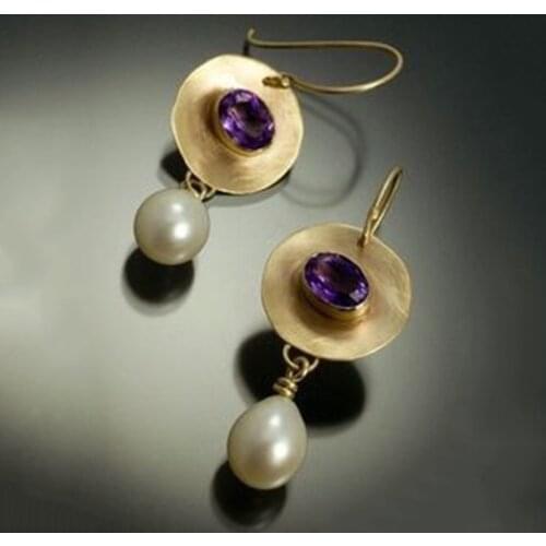 New Fashion Purple Rhinestone Pearl Earrings Luxury Gold Color Circle Metal Teardrop Dangle Earrings for Women Jewelry