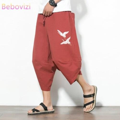 Plus Size M-5XL Summer Chinese Style Crane Embroidery Cotton Loose Harem Pants for Men Gray Red Black Thai Japan Kimono Bloomers