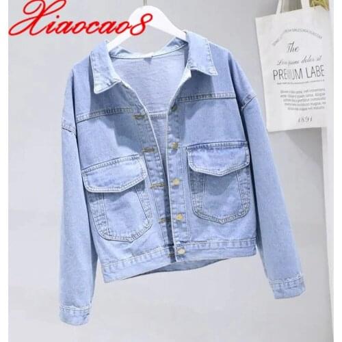 Blue Denim Short Jacket Women Cotton Turn-Donw Collar Jean Coat Plus Size Solid Casual Veste Femme 2021 New Jackets for Women
