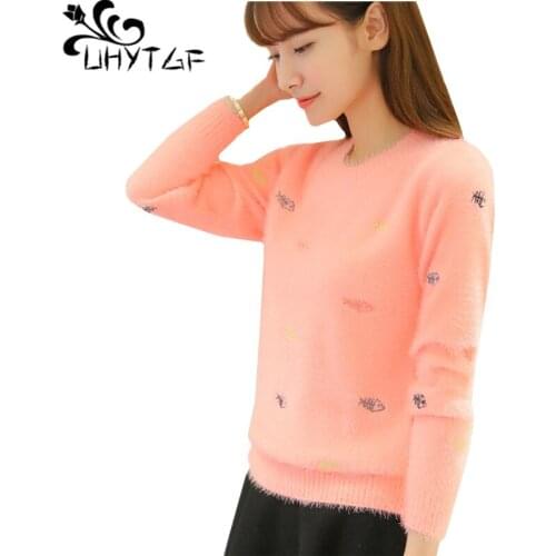 UHYTGF Mohair autumn winter sweater womens long-sleeved knitted pullover cute student sweater coat elastic warm tops Female 834