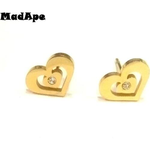MadApe 2019 New Arrival With Zircon Heart Earrings Gold Color 316L Stainless Steel Women Stud Earrings
