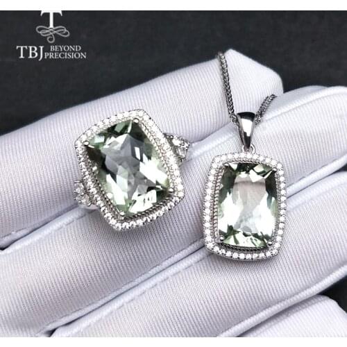 TBJ,Big natural green amethyst quartz gemstone jewelry set pendant and ring in 925 sterling silver classic trendy gift for women