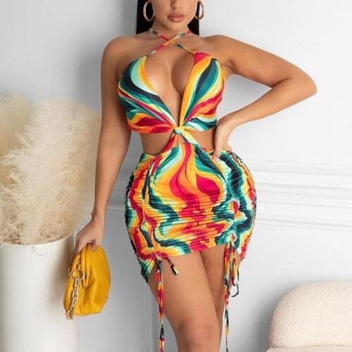 Women Mini Dress Cross Halter Backless Deep V Neck Tie Bodycon Mini Dress Sexy Summer Beach Holiday