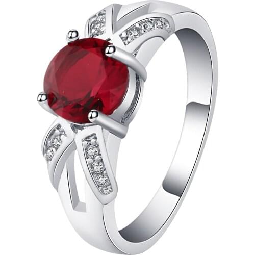 UFOORO Fashion Hollow Halo Finger Band Silver-color Ring for Women Oval Garnet Red Crystal red CZ Engagement Jewelry