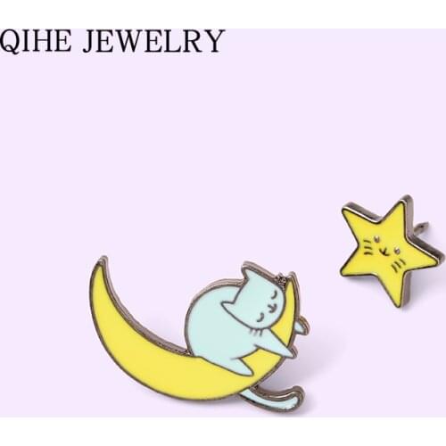 Good Night Enamel Pin Little Star Moon Sleepy Cat Badge Cartoon Kawaii Animal Brooch Lapel Pin Wholesale Gift for Friends Kids
