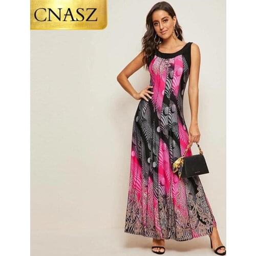 2020 New Fashion Summer Stitching Beach Skirt Round Neck Sleeveless Printing Holiday Big Swing Dress Elegant Long Dress