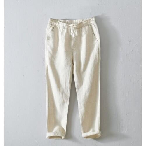 8104 Spring Summer Men Casual Linen Ankle-Length Pants Simple Breathable Drawstring Mid-Waist Straight Male Trousers 8 Colors