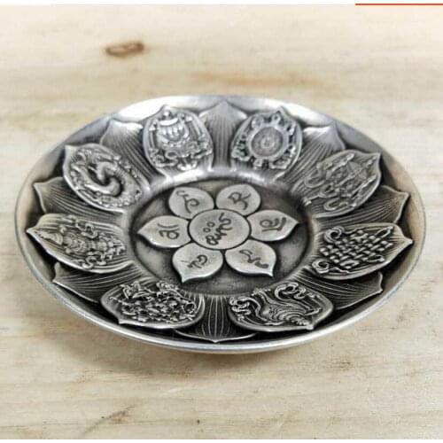 Buddha Family eight treasures Sanskrit lotus seat station White copper Dish plate Saucer Shanto Decoration