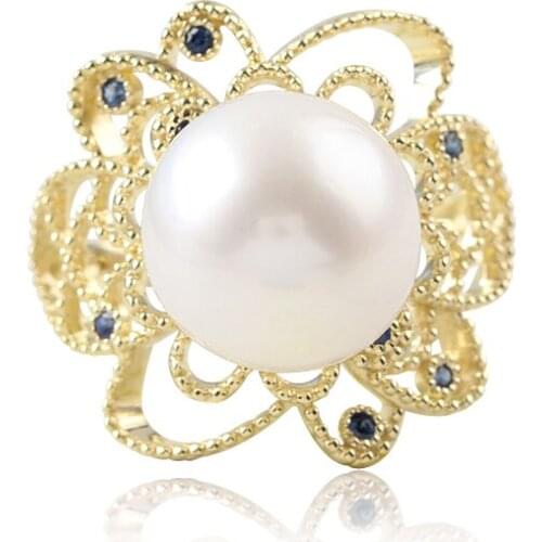 EDI Natural Sapphire Ring 14K Yellow Gold 11mm Natural Freshwater Pearls Lace Side Engagement Part Ring For Women Gift