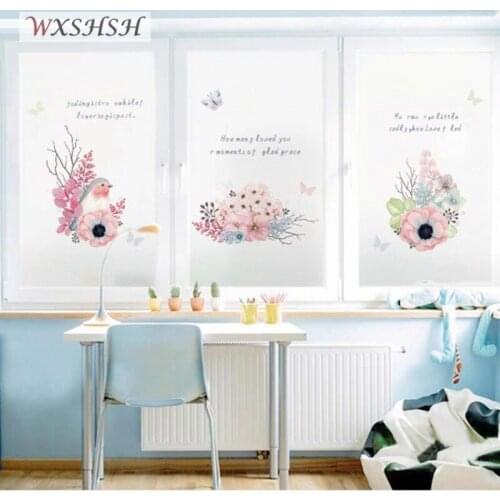 Custom Size Window Film Static Cling Cute Birds And Flowers Pattern Private Decorative For Kitchen Bathroom Living Room Bedroom