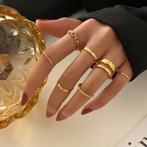 2021 Punk Gold Wide Chain Rings Set For Women Girls Fashion Irregular Finger Thin Rings Gift Female Jewelry Party